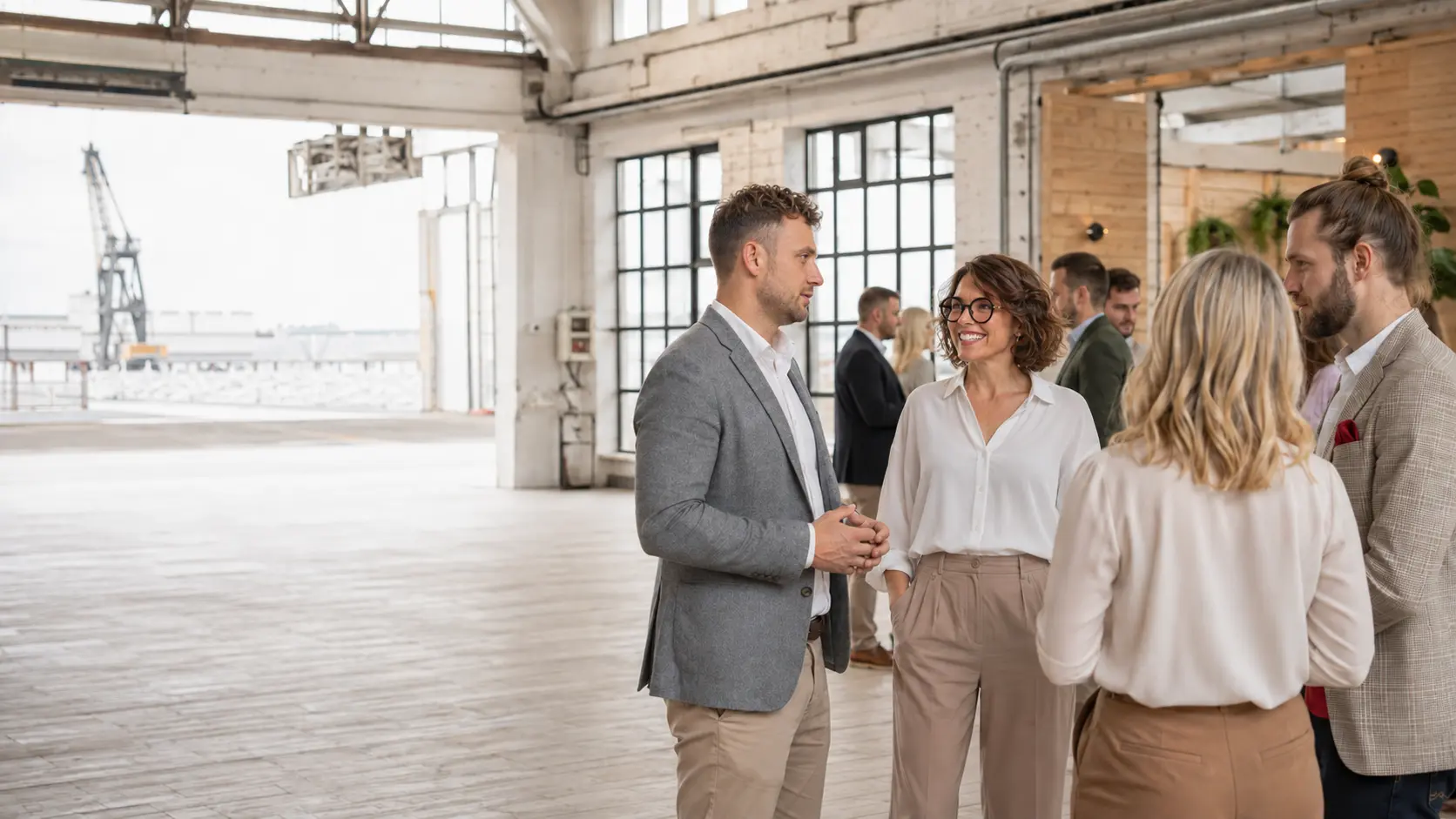 Przedsiębiorcy podczas rozmów networkingowych w jasnej hali postoczniowej w Gdańsku